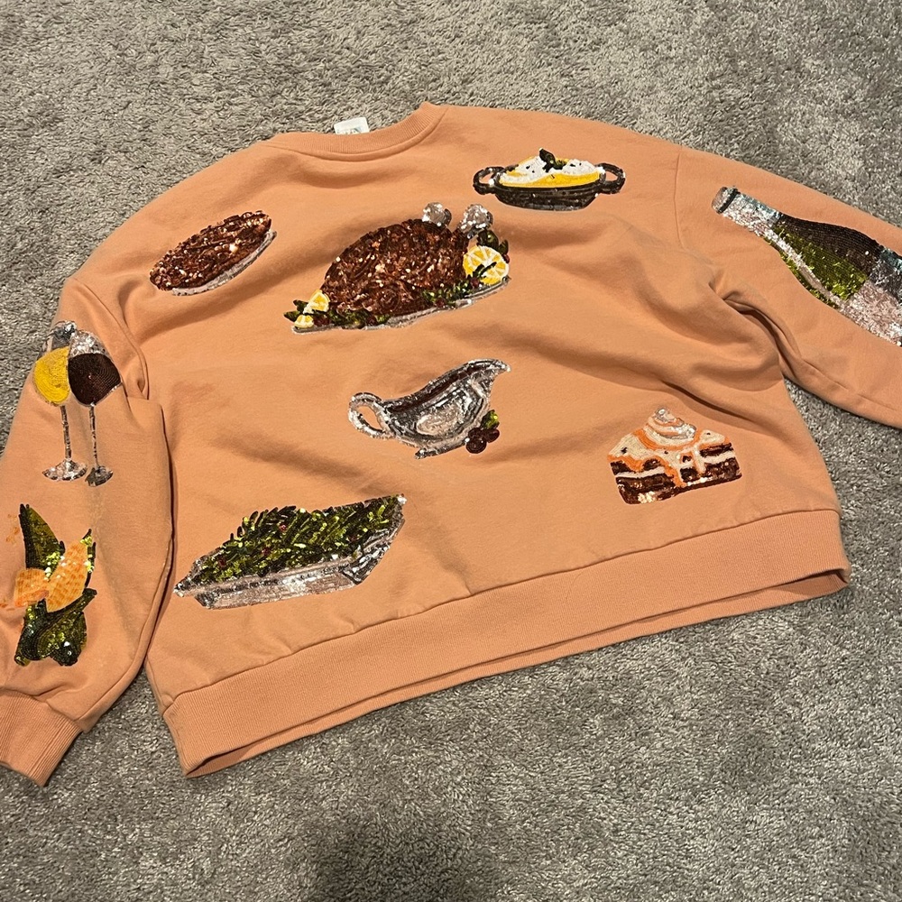 QUEEN OF SPARKLES Peach Sequin Holiday Feast Sweatshirt - Picture 3 of 7